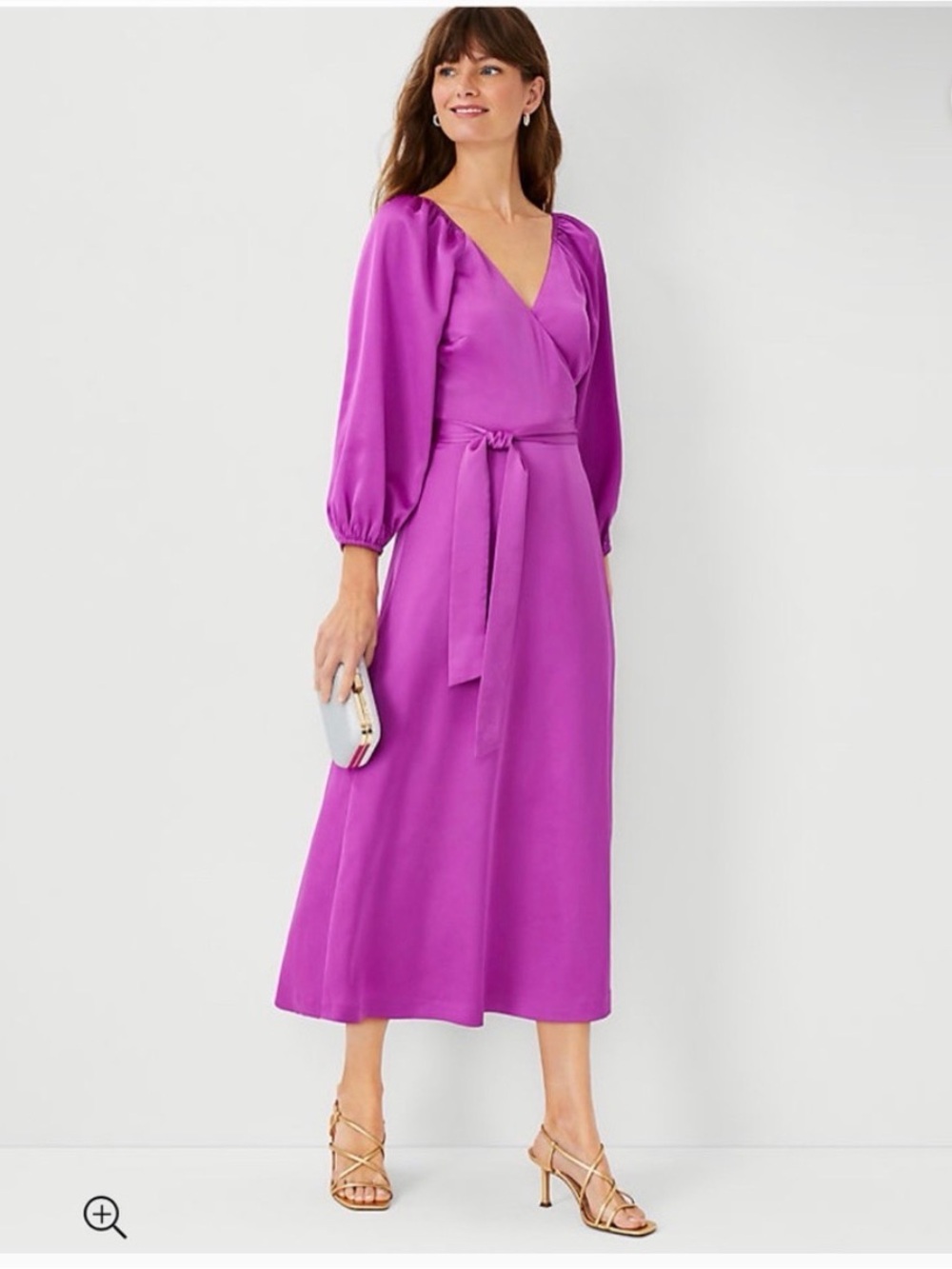 Ann Taylor V-Neck Midi Dress in Bright Magenta